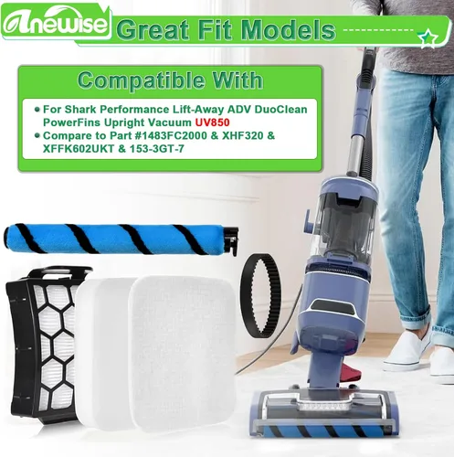 Vista 2 de Anewise Piezas de repuesto de cepillo, filtro y correa para Shark UV850 Performance Lift-Away ADV DuoClean PowerFins aspiradora vertical, 1 rollo