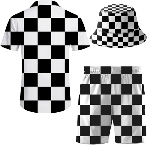 Vista 3 de ifamawlea Conjunto de 2 piezas para hombre, camisa hawaiana, pantalones cortos, camisa con botones y pantalones cortos con sombreros de pescador