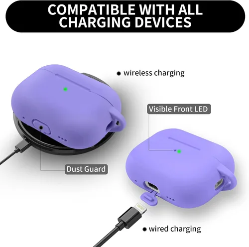 Vista 6 de Funda para AirPods Pro/Pro 2 con kit, funda protectora de silicona suave con llavero, color morado