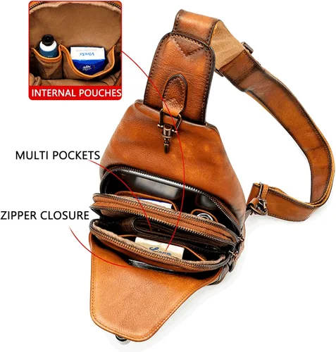 Vista 5 de Bolso bandolera de cuero hecho a mano de cuero genuino, bolso de hombro, bolso de viaje, riñonera para mujeres y hombres, color marrón