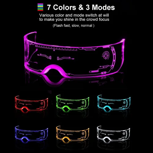 Vista 2 de Gafas de visera LED, 7 colores, gafas futuristas, 3 modos de iluminación, gafas luminosas Cyberpunk para adultos, bar, cosplay, fiesta de Halloween
