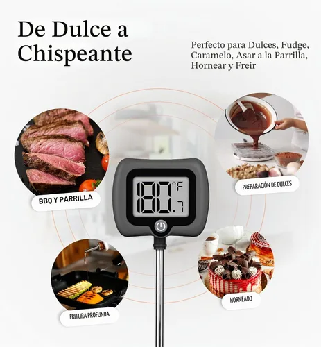 Vista 5 de Termómetro digital de dulces con clip para olla, sonda de acero inoxidable de 10 pulgadas de largo, termómetro de cocina de lectura instantánea