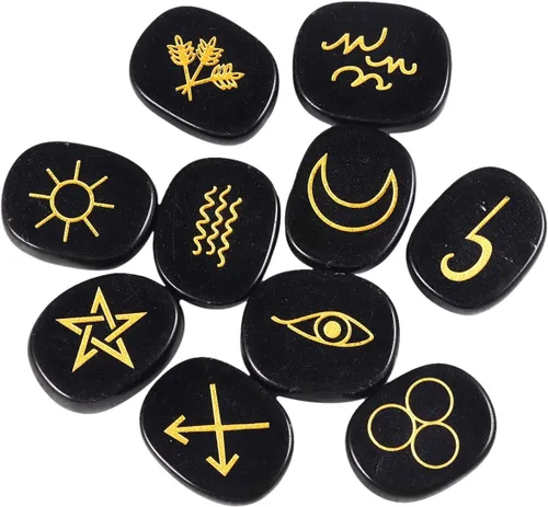 Vista 3 de Rockcloud Cristal curativo negro obsidiana amatista gitana símbolo brujas runas piedras chakras piedra de palma equilibrio Reiki, 10 piezas