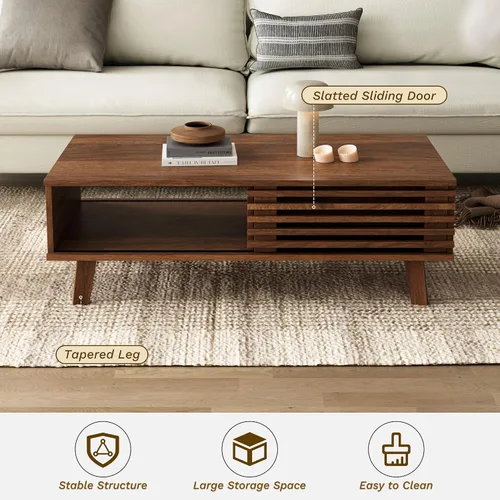 Vista 9 de Furniway Mesa de Centro Moderna de Mediados del Siglo, Mesa de Centro de Madera con Almacenamiento, Mesa de Estilo Rústico para Sala de Estar
