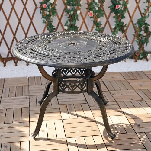 Vista 15 de VIVIJASON Mesa de patio de 30.5 pulgadas, mesa cuadrada de comedor al aire libre, mesa de comedor de aluminio fundido de bronce con agujero