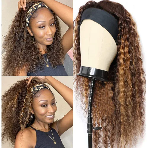 Vista 9 de Rebasar - Peluca de onda profunda con reflejos color marrón, 10 pulgadas, con diadema y reflejos, cabello humano, rizado, para mujeres negras