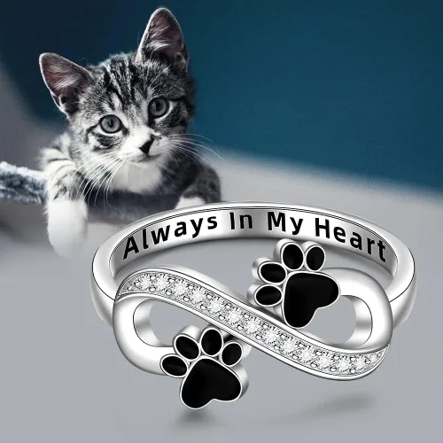 Vista 5 de Anillo de plata de ley con estampado de pata de gato y perro para mujer, anillos con estampado de pata de infinito Always In My Heart Memorial