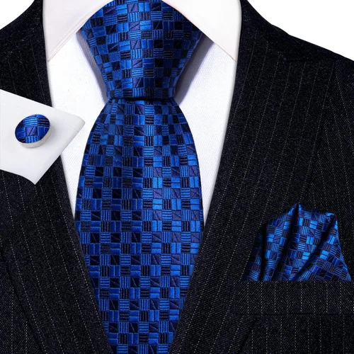Vista 110 de Barry.Wang Juego de corbatas a cuadros para hombre con pañuelo gemelos de rayas clásicas