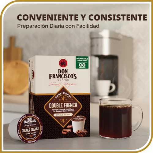 Vista 3 de Don Francisco’s Coffee Double French; cápsulas reciclables estilo K-Cup, tueste oscuro, compatibles con cafeteras Keurig (72 unidades)