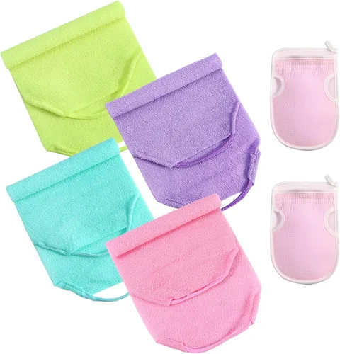 Vista 2 de Juego de 6 piezas de exfoliante para la espalda con asas, limpiador corporal de longitud extendida, 4 limpiadores de espalda y 2 guantes de baño