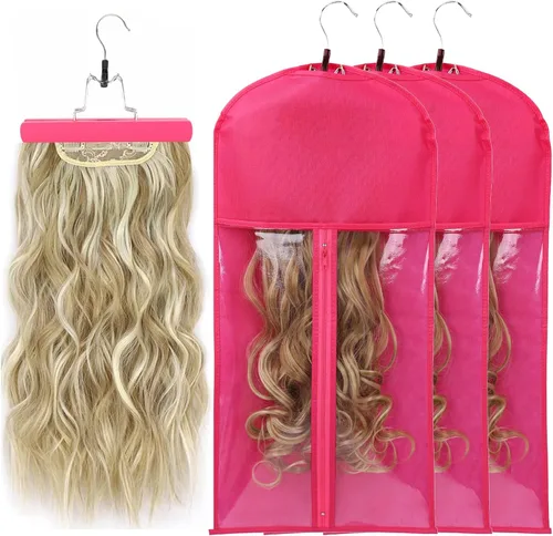 Vista 11 de Bolsas de almacenamiento para peluca con colgador: 3 piezas de extensiones de cabello, ganchos para extensiones de cabello (negro)