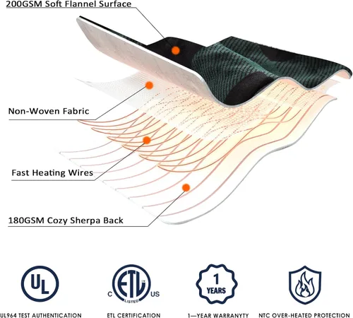 Vista 5 de Homemate Manta eléctrica térmica de 50 x 60 pulgadas, manta térmica de franela ultra suave y acogedora con 10 niveles de calor rápidos, 8 horas