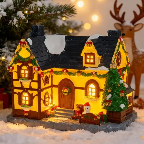 Vista 8 de Construcción de Casa Navideña, Edificios Coleccionables de Navidad Pintados a Mano, Decoración de Pueblo de Casas con Muñeco de Nieve, Edificios