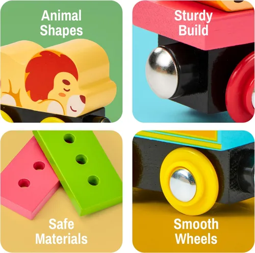 Vista 5 de Montessori - Juego de juguetes de tren de madera para niños, 12 vagones magnéticos de tren con caja de regalo de almacenamiento, juguete educativo