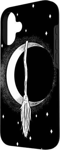 Vista 2 de Funda para iPhone 16 con diseño de luna creciente, escoba de bruja, vintage, Halloween, niñas y mujeres