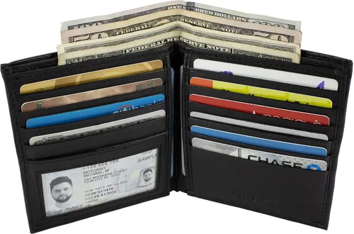Vista 5 de Billetera negra plegable de cuero para hombre con RFID protegida cartera, Negro -, Billetera plegable