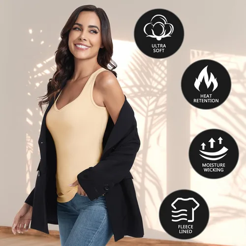 Vista 5 de WOWENY Camiseta sin mangas de forro polar térmico para mujer, sin mangas, cuello corazón, chaleco de invierno, ropa interior, camiseta cálida