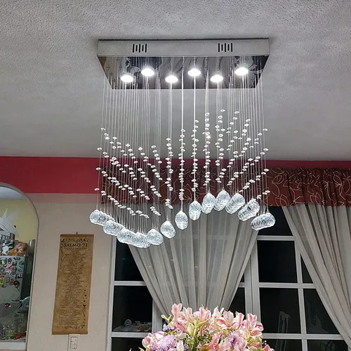 Vista 2 de Araña moderna de onda, araña rectangular de cristal con gotas de lluvia, montaje empotrado, lámpara colgante de techo cromada, ideal para comedor