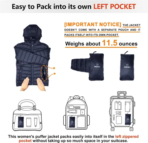 Vista 2 de Outdoor Ventures - Chaqueta acolchada ligera con cremallera completa para mujer, con capucha, abrigo de invierno acolchado