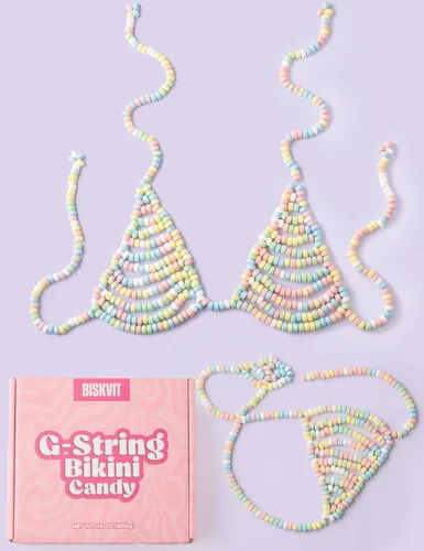 Vista 5 de Conjunto de bikini comestible Candy G-String - Ropa interior comestible divertida y sexy para mujer. Bragas y brasier de caramelo
