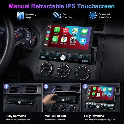 Vista 2 de Estéreo de Coche Individual DIN Apple Carplay y Android Auto 1 DIN 7 Pulgadas Pantalla Táctil Abatible Radio de Coche con Bluetooth y Micrófono