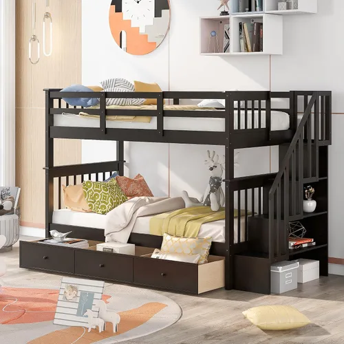 Vista 10 de SOFTSEA Full XL Over Queen Wooden Bunk Bed with Drawers and LED, Beige