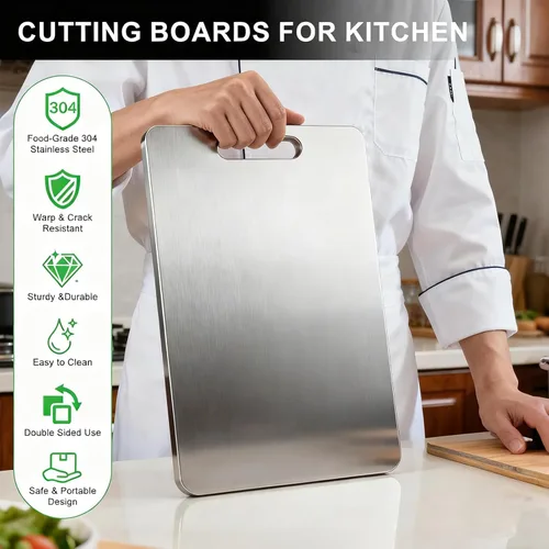 Vista 5 de Tabla de cortar de titanio, tabla de cortar de acero inoxidable para cocina, tabla de cortar de grado alimenticio 304, a prueba de deformación