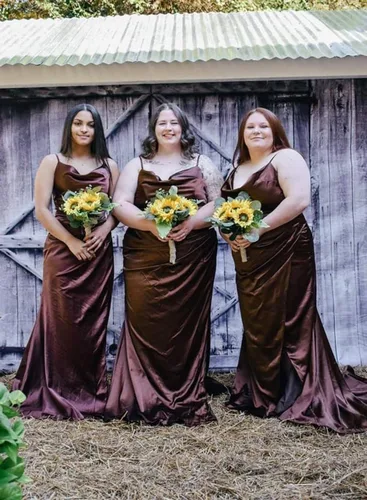 Vista 5 de TIRAS Vestidos de dama de honor de satén de sirena con tirantes delgados para mujer, vestido de fiesta formal de noche con cuello redondo largo CM200