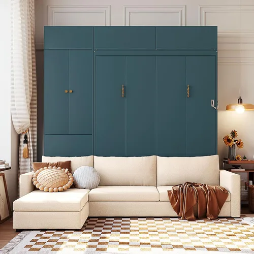 Vista 24 de Cama Murphy de Pared Tamaño Queen con Escritorio en Forma de L, Sofá de 2 Asientos y Luz, Marco de Cama Murphy Tradicional de Madera Maciza