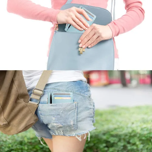 Vista 7 de Slim RFID - Soporte para tarjetas con sistema de bloqueo, billetera de cuero de bolsillo frontal minimalista para mujer