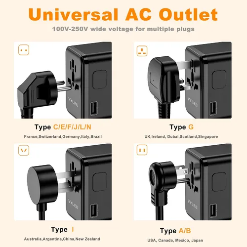 Vista 10 de Adaptador de Viaje Universal, VYLEE Adaptador de Enchufe Internacional de 45W con Carga Rápida PD, 5 Puertos (1 AC/1 USB-A/3 USB-C), Cargador