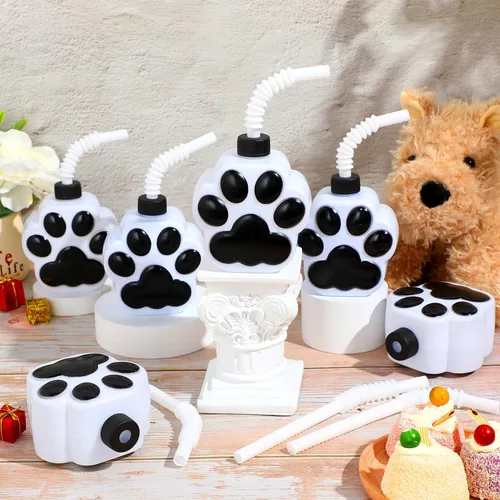 Vista 4 de Zubebe 12 tazas de patas de perro con pajitas y tapas a granel de plástico reutilizables de 10 onzas para perros, lindo estampado de patas