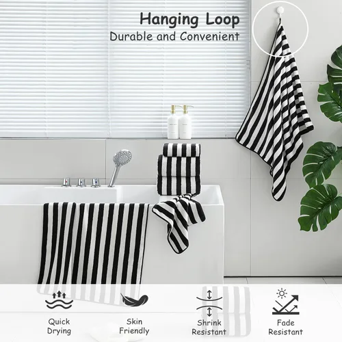 Vista 4 de Juego de 18 toallas de baño de rayas color blanco y negro con lazo para colgar, 6 toallas de baño, 6 toallas de mano, 6 toallas familiares, juego