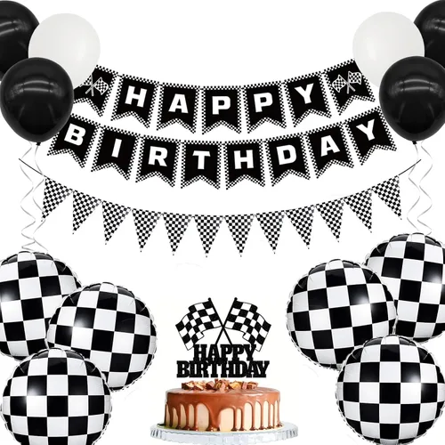 Vista 9 de Cartel de cumpleaños de coche de carreras, pancarta de feliz cumpleaños a cuadros, decoraciones de fiesta de autos de carreras, fiesta temática