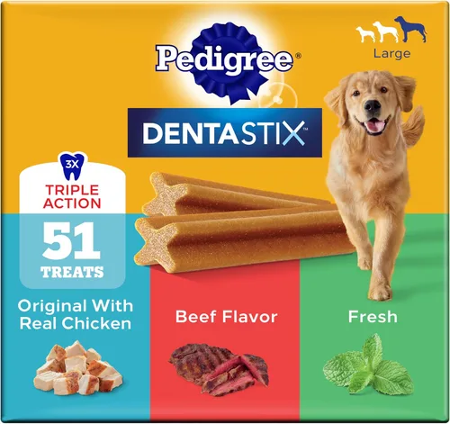 Vista 14 de Pedigree Dentastix - Golosinas para perros de raza grande, sabor a tocino, bolsa de 1.67 libras (32 golosinas) Triple action dental care, reduces
