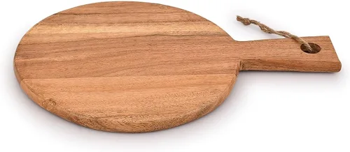 Vista 4 de Samhita Tabla de cortar redonda de madera de acacia con mango para cortar y servir embutidos, queso, pizza, pan, decoración de pared