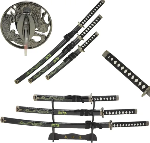 Vista 14 de Snake Eye Tactical Juego de katana samurái de 3 piezas con diseño de dragón de dos tonos