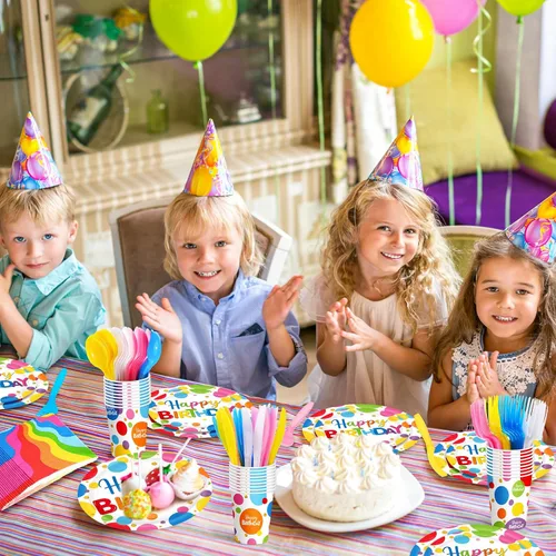 Vista 3 de Meanplan Sirve a 24 invitados con platos y servilletas de cumpleaños arcoíris con lunares, juego de vajilla de cumpleaños de lunares arcoíris
