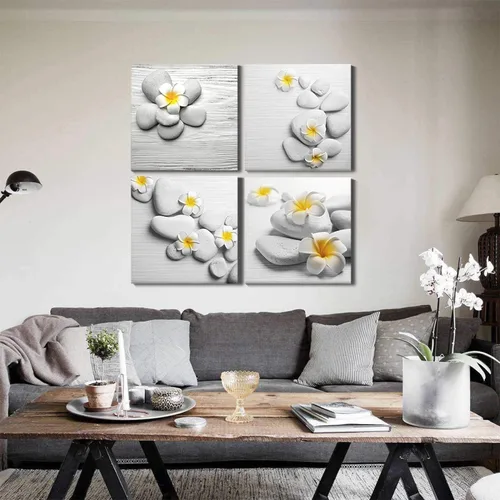 Vista 5 de Lienzo decorativo para pared, 4 piezas, decoración de baño, arte de pared, cuadros amarillos y grises, flores y piedra de guijarro, cuadros modernos