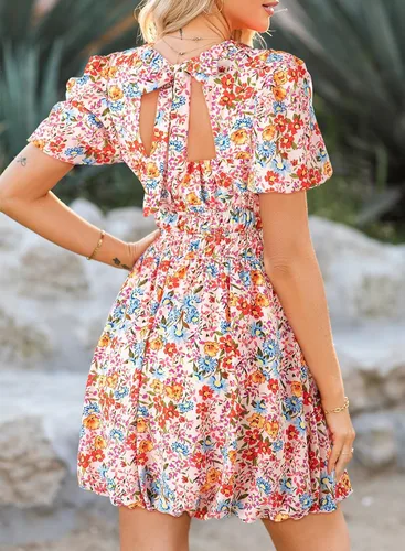 Vista 2 de Dokotoo Vestidos de verano para mujer, cuello redondo, manga abombada, lazo en la espalda, cintura imperio, bohemio, floral, mini vestidos