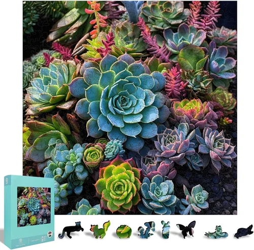 Vista 24 de Mys Aurora - Rompecabezas de madera para adultos, diseño de cactus y flores, 200 piezas