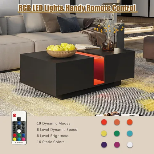 Vista 5 de HedoAjim - Mesa de café LED negra para sala de estar, mesa rectangular de sala de estar con almacenamiento, mesas de café acrílicas con 2 cajones