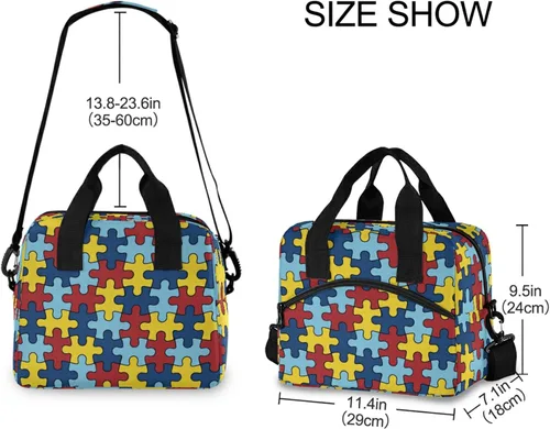 Vista 3 de Bolsas de almuerzo coloridas de conciencia sobre el autismo para mujeres y hombres, lonchera aislada reutilizable, correas de hombro ajustables