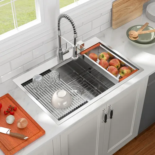 Vista 14 de Fregadero de cocina negro de 30"x19", estación de trabajo con revestimiento nano, acero inoxidable 304 calibre 16, hecho a mano, montaje superior