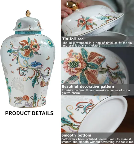 Vista 3 de Urna de flores para cenizas para adultos, 11.6 pulgadas, 200 libras, cerámica decorativa, flores de pavo real, urna grande, capacidad de 200