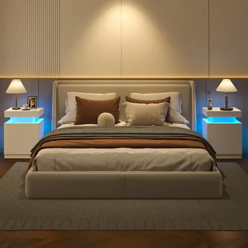 Vista 6 de oneinmil Nightstand Set of 2 with LED Lights, Night Stand with Storage Cabinet for Bedroom, Bedside Table with LED, White Blanco