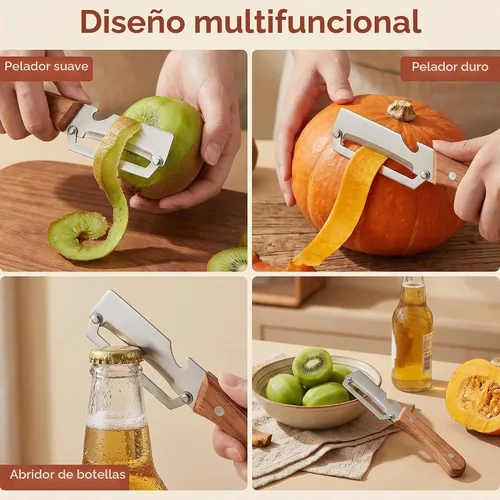 Vista 5 de Pelador de verduras multifuncional para cocina, hoja de acero inoxidable ultra afilada con mango de madera y abridor de botellas, para frutas y 1