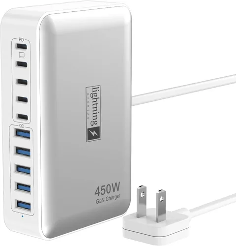 Vista 19 de Estaciones de carga múltiple de 8 puertos de 200 W con enchufe plano, cable de alimentación trenzado e interruptor de encendido/apagado