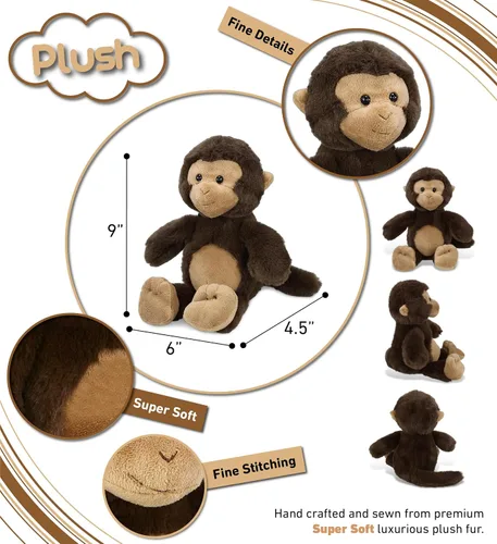 Vista 3 de DolliBu Peluche de mono – Animal de peluche súper suave, lindo peluche marrón de vida silvestre, adorable juguete de peluche esponjoso para niños