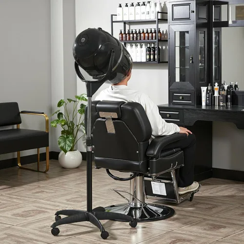 Vista 2 de BarberPub Secador de pelo con capucha de 1300 W con soporte, base rodante de pie ajustable en altura, equipo de salón de belleza con rotación